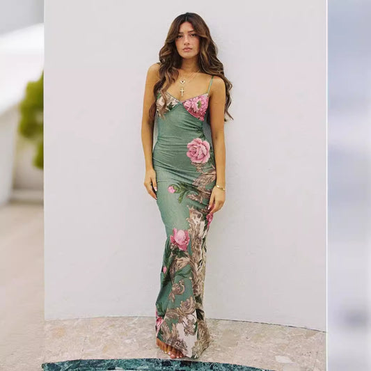 Floral Print Spaghetti Strap Maxi Dress - Pink