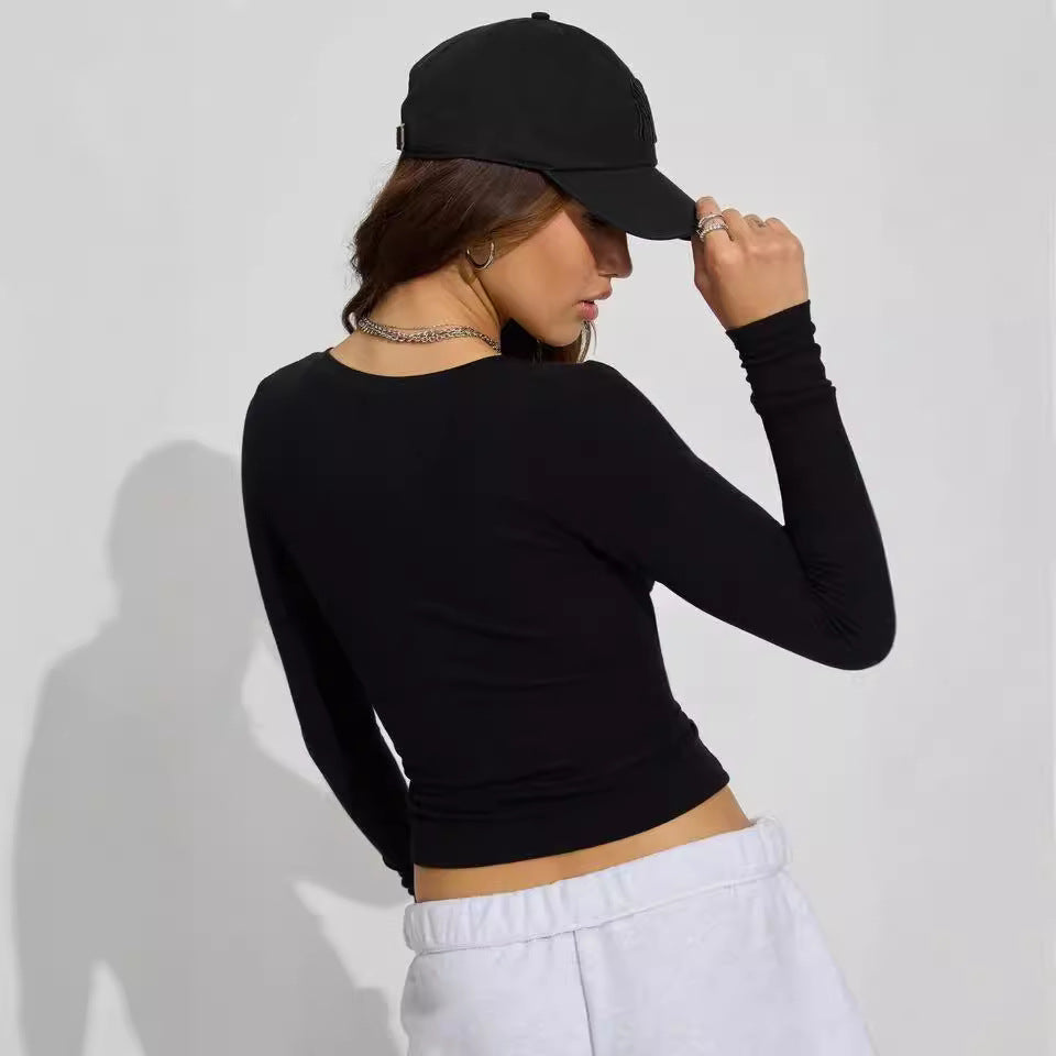 Women's Solid Color V-Neck Long Sleeve Slim Fit Top in Light purple
