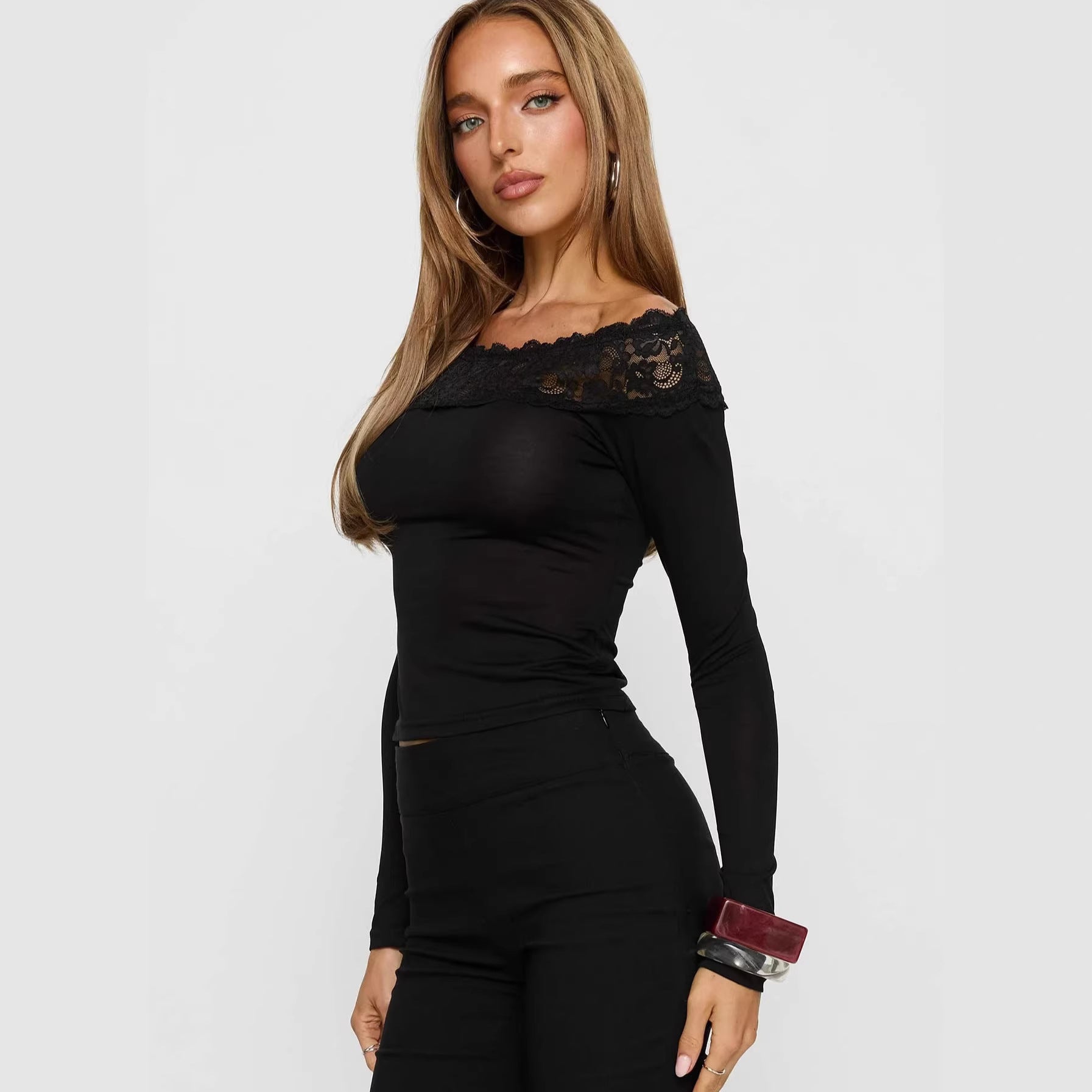 Women's One Shoulder Lace Detail Long Sleeve Top in Black