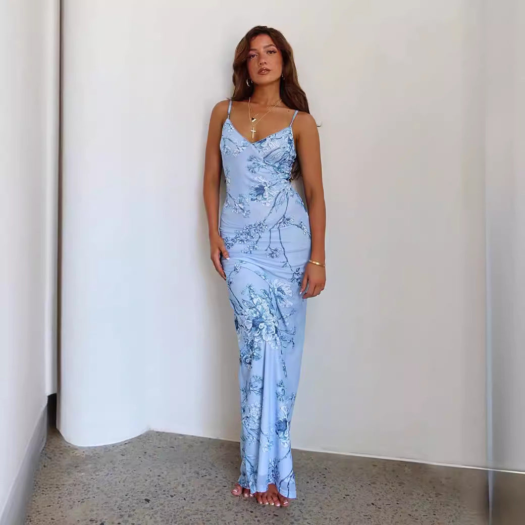 Floral Print Spaghetti Strap Maxi Dress - Green