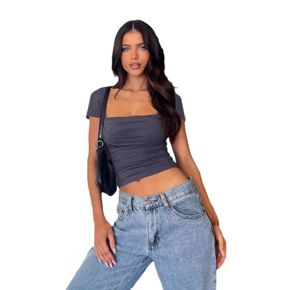 Women's Slim Fit Pleated Short Sleeve T-Shirt in Coffee