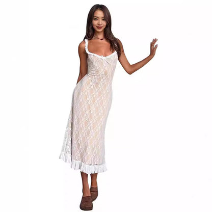 V-Neck Lace Mesh Splice Slip Dress - White