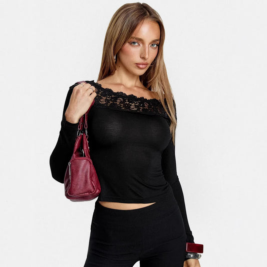 Women's One Shoulder Lace Detail Long Sleeve Top in Black