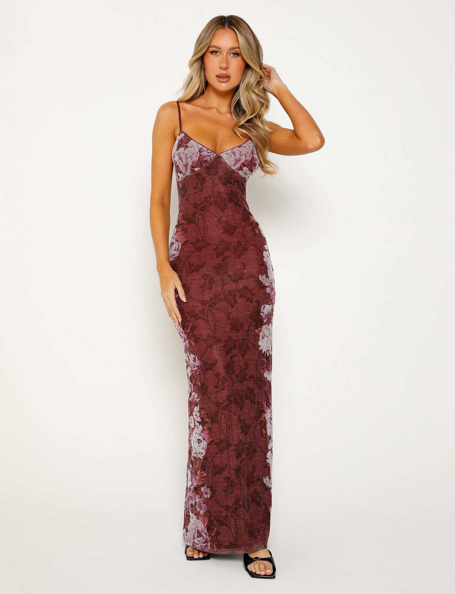Floral Print Spaghetti Strap Maxi Dress - Green