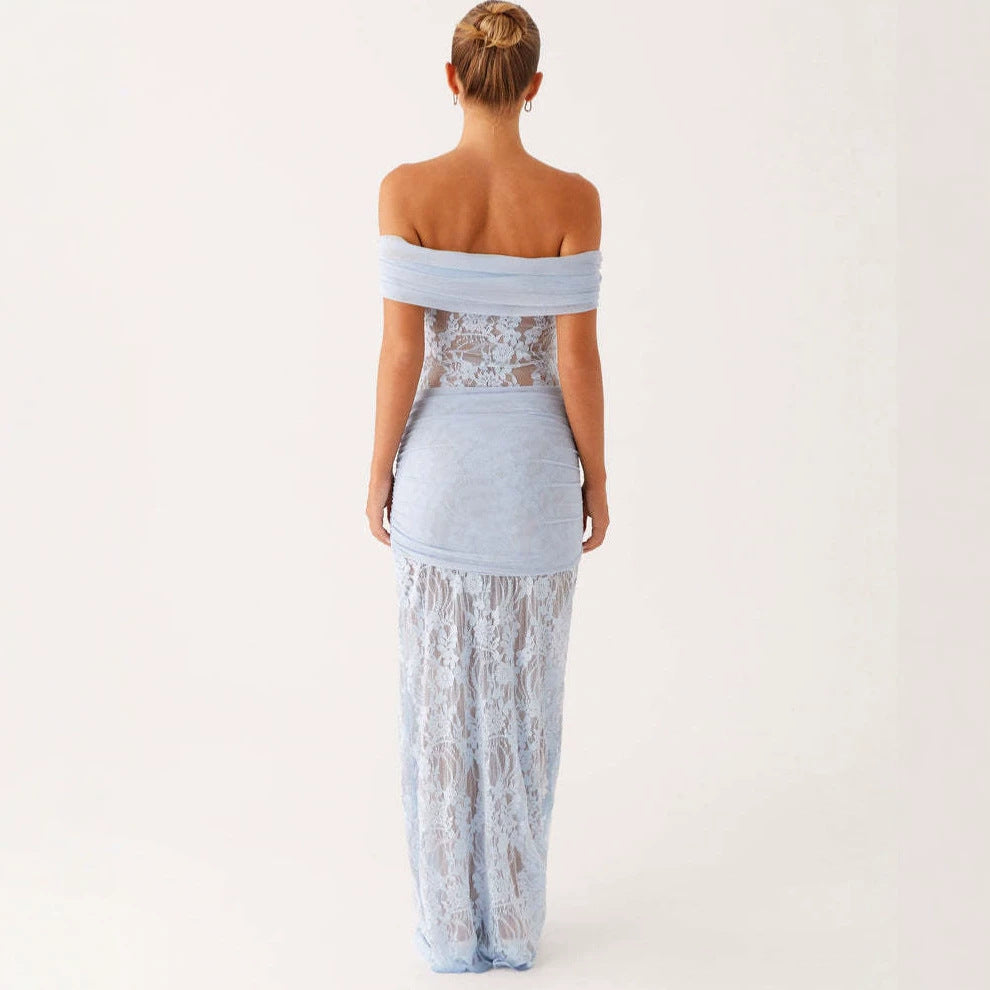 Lace Cutout Ribbon Bodycon Dress - Blue