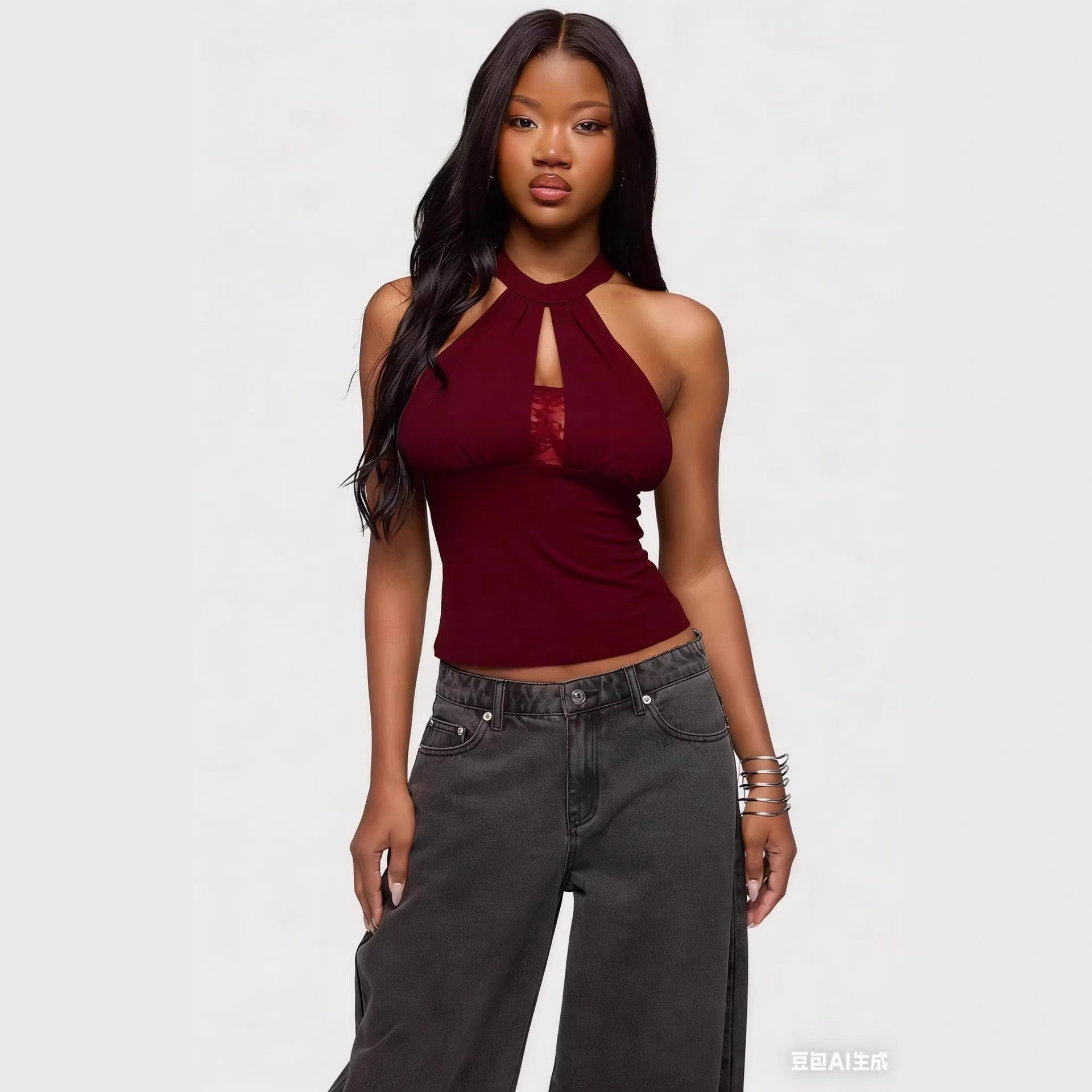 Women's V-Neck Halter Crop Top in Claret
