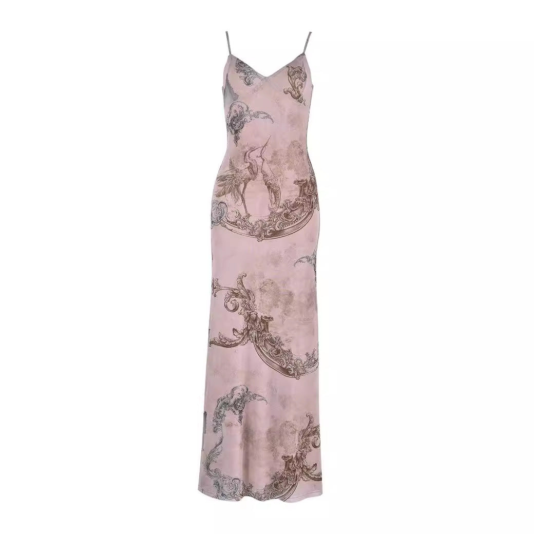 Floral Print Spaghetti Strap Maxi Dress - Pink