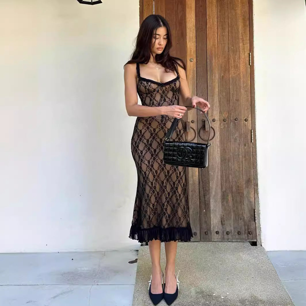 V-Neck Lace Mesh Splice Slip Dress - Black