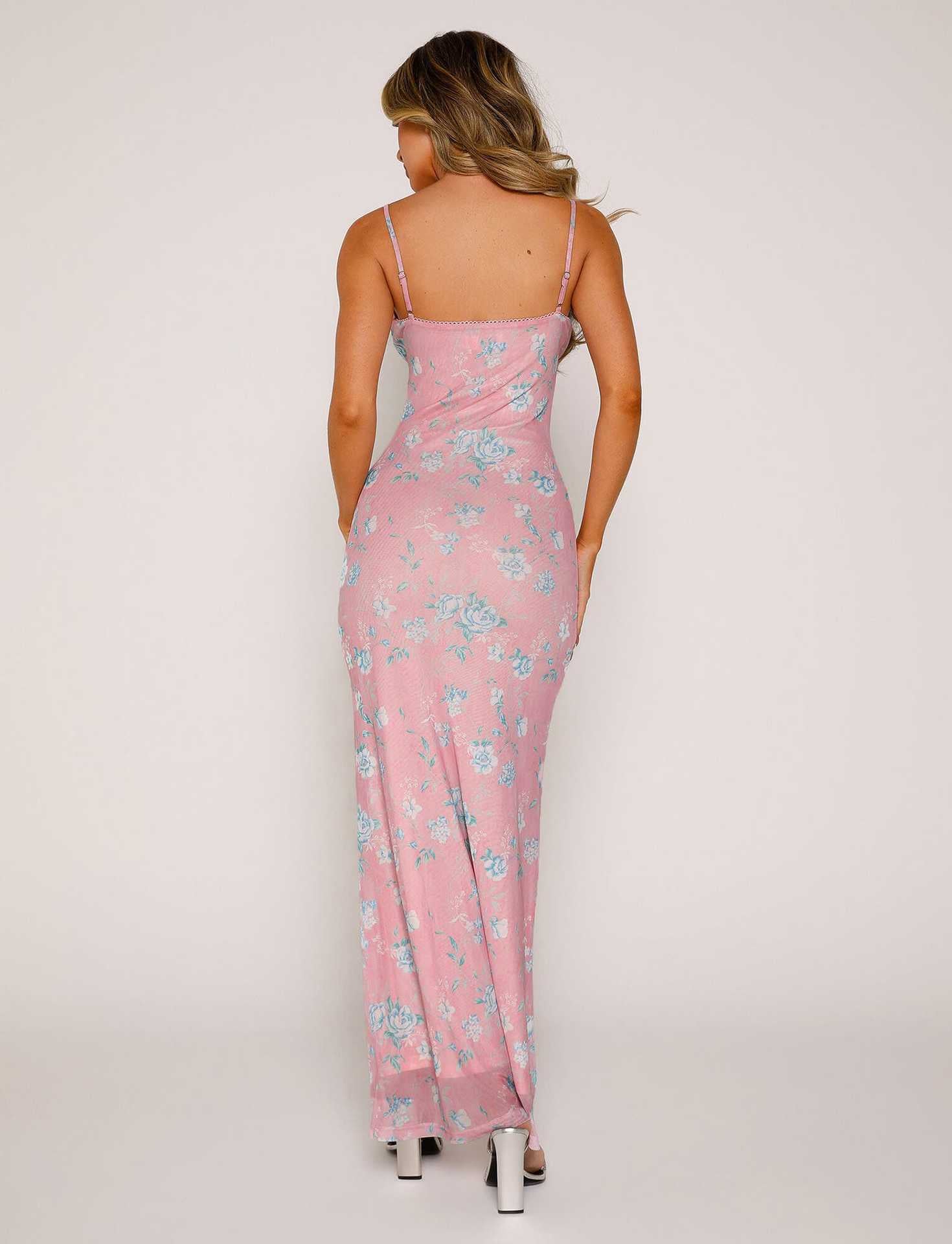 Floral Print Spaghetti Strap Maxi Dress - Light blue