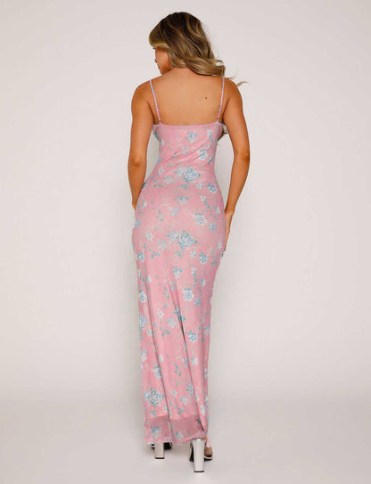 Floral Print Spaghetti Strap Maxi Dress - Light blue