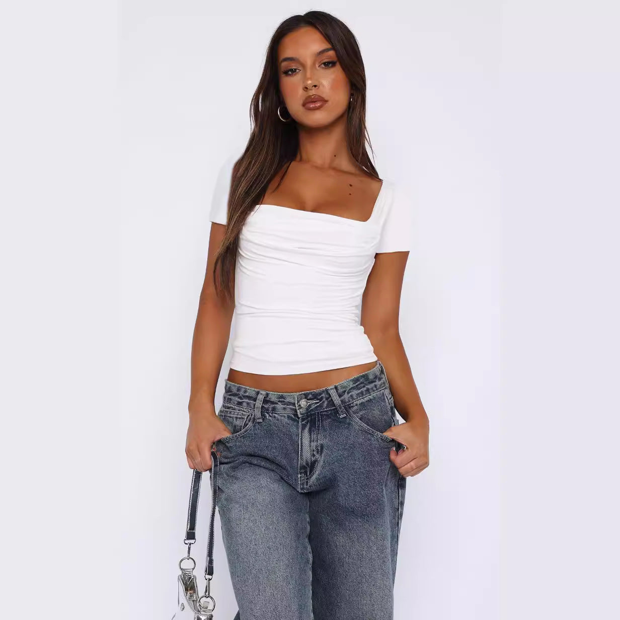 Women's Slim Fit Pleated Short Sleeve T-Shirt in Black
