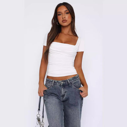 Women's Slim Fit Pleated Short Sleeve T-Shirt in Black