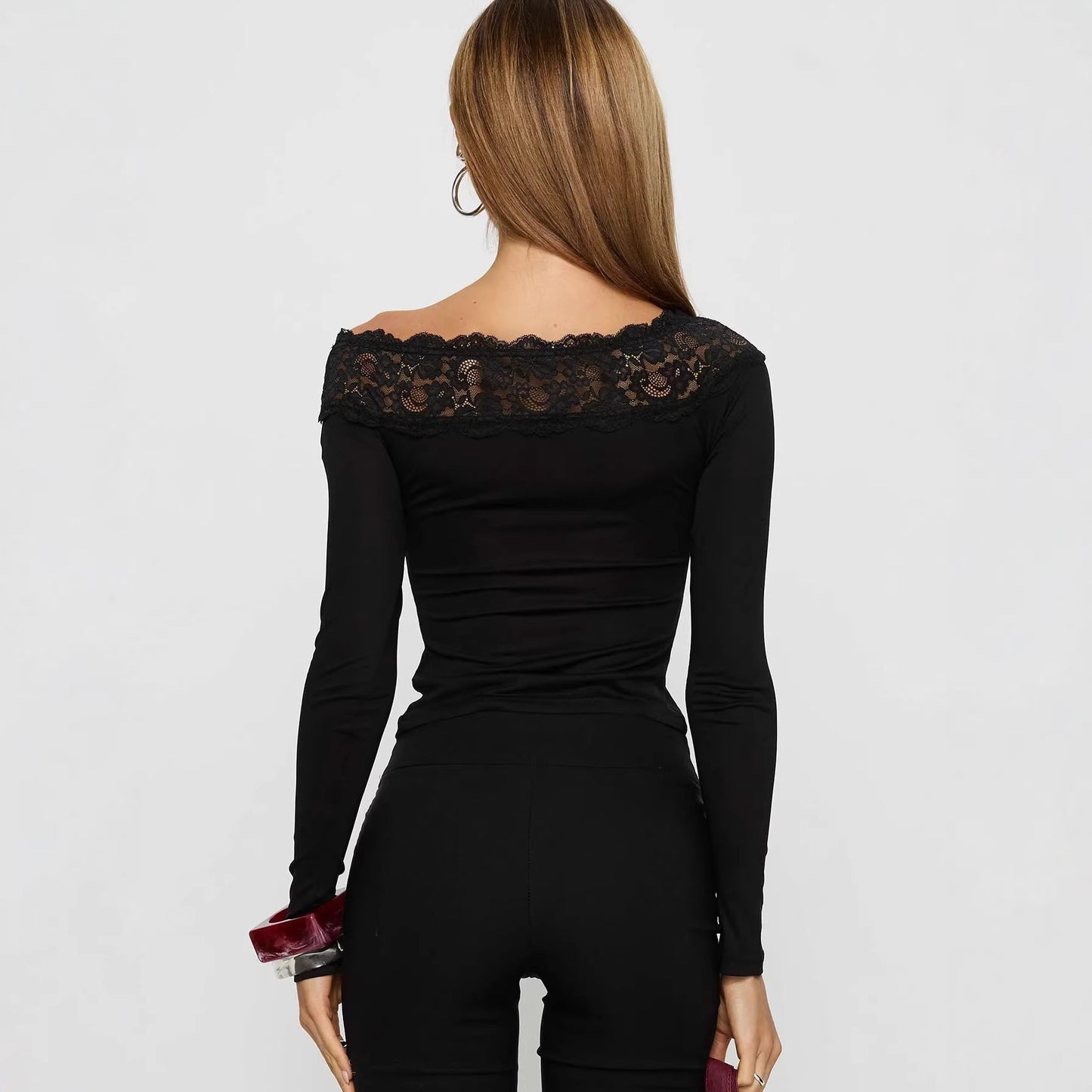 Women's One Shoulder Lace Detail Long Sleeve Top