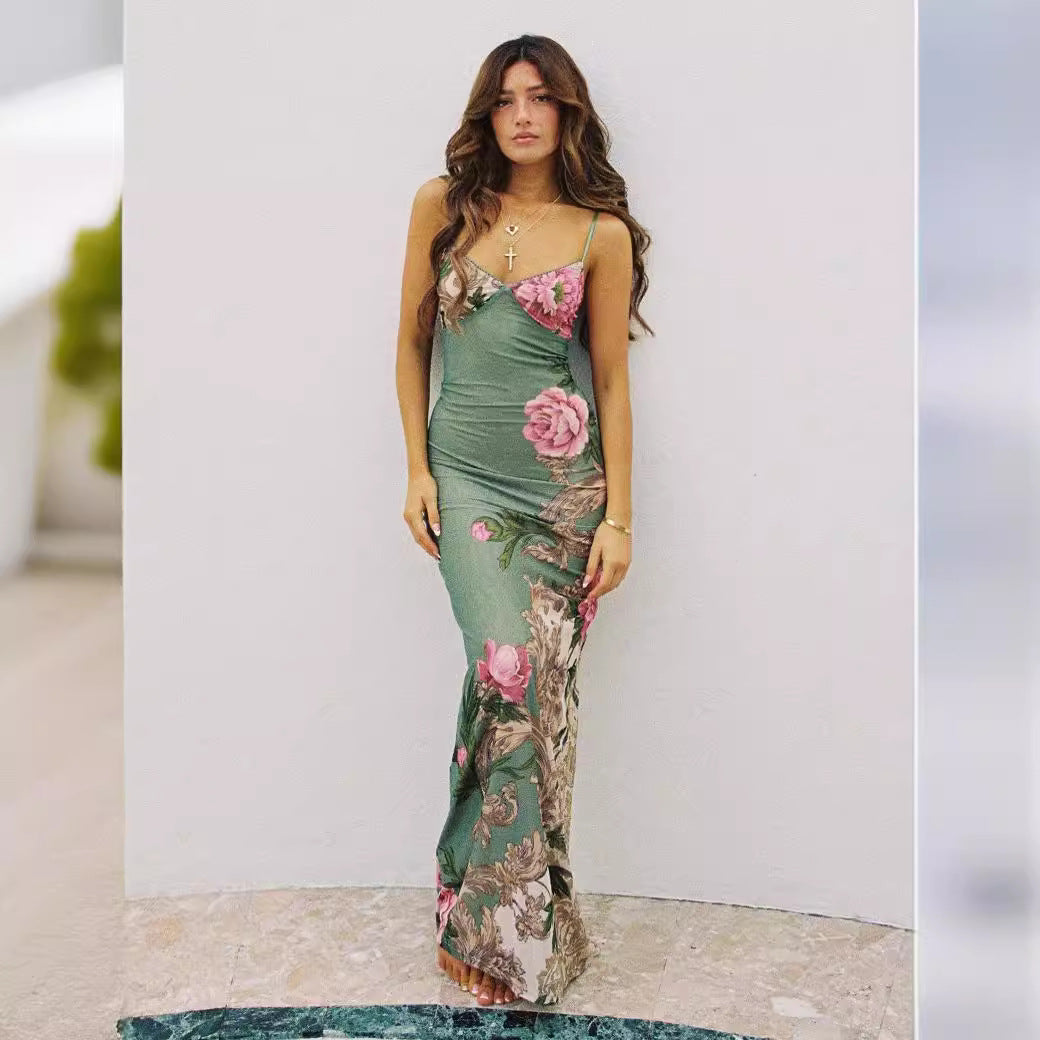 Floral Print Spaghetti Strap Maxi Dress - Pink