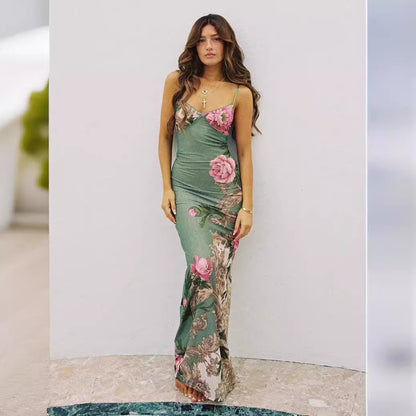 Floral Print Spaghetti Strap Maxi Dress - Pink