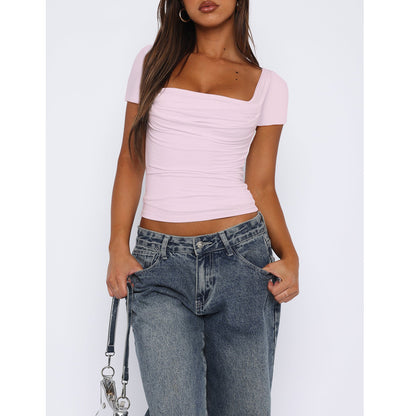 Women's Slim Fit Pleated Short Sleeve T-Shirt in Dark gray