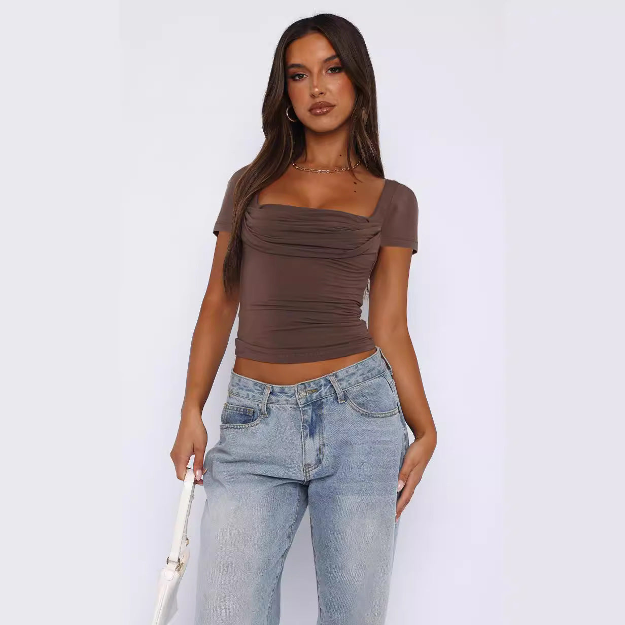 Women's Slim Fit Pleated Short Sleeve T-Shirt in White