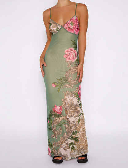 Floral Print Spaghetti Strap Maxi Dress - Light pink