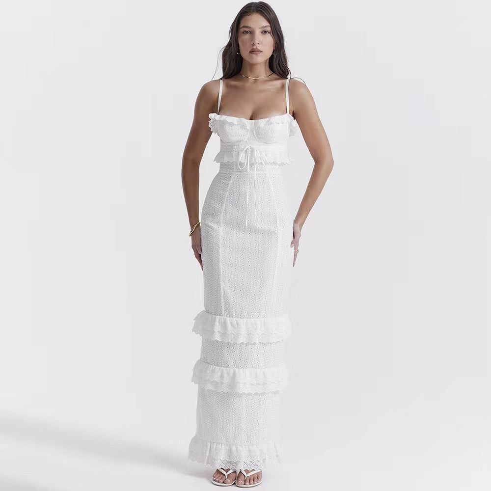 White Crochet Spaghetti Strap Maxi Dress