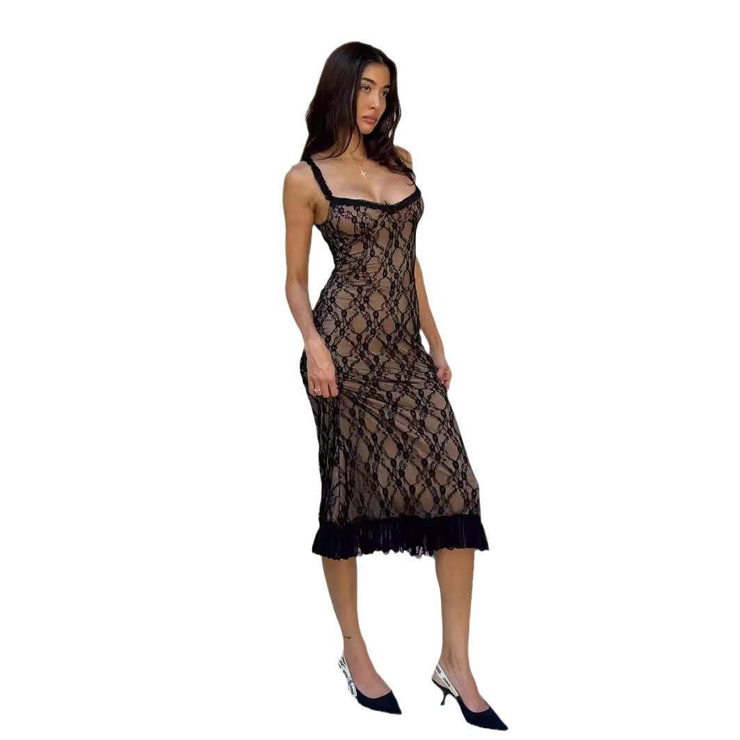 V-Neck Lace Mesh Splice Slip Dress - Black