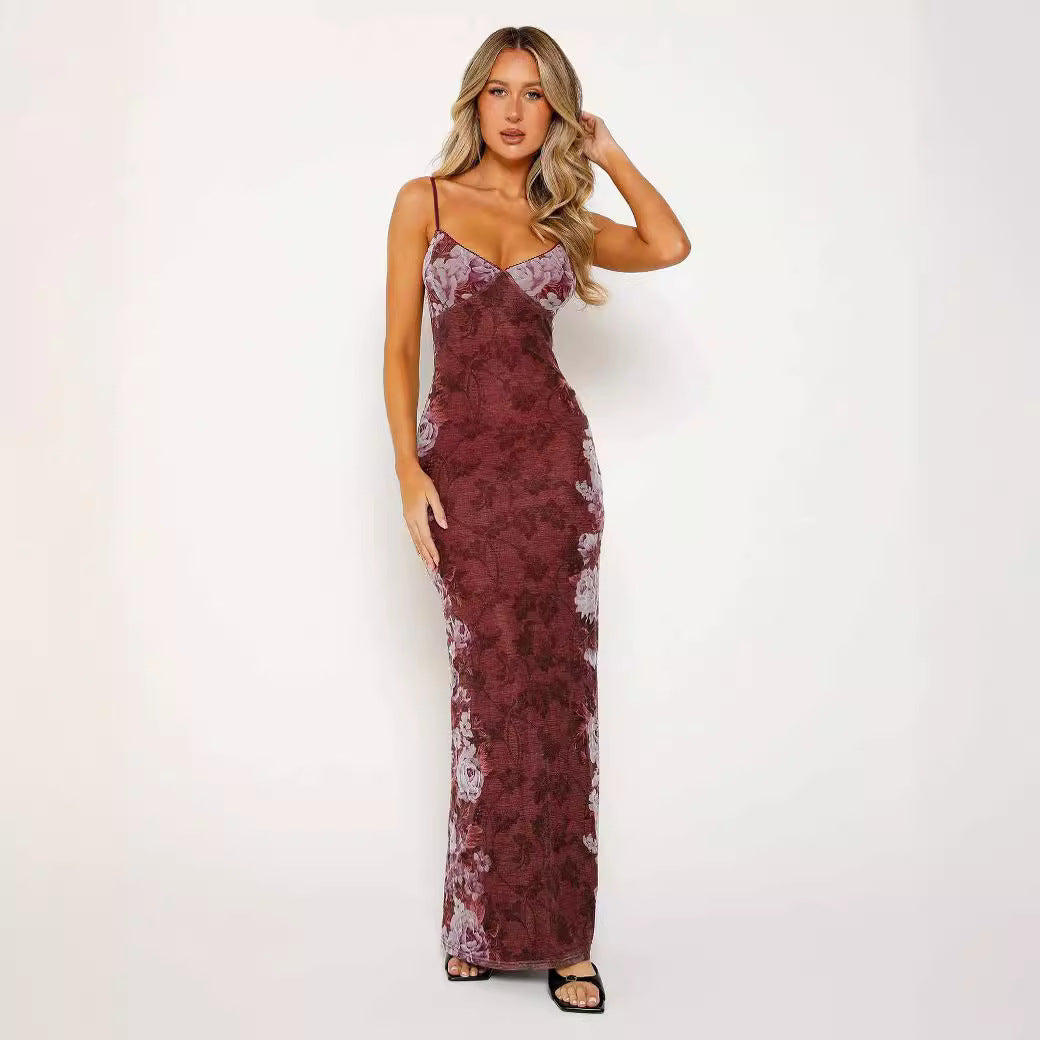 Floral Print Spaghetti Strap Maxi Dress - Green